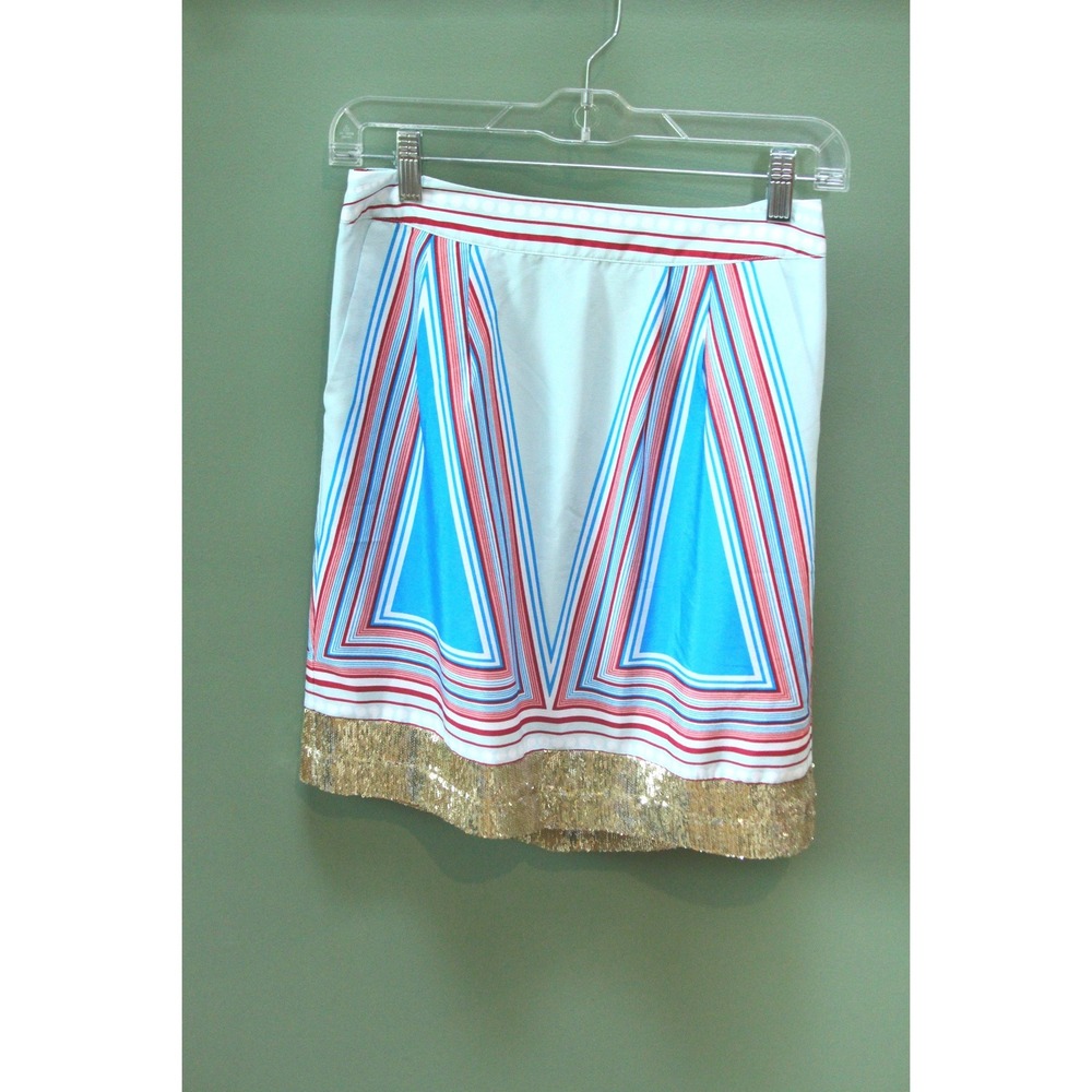 Anthropologie  Isani Geometric Print Sequin Skirt Women Size 2‎ White Blue Red
